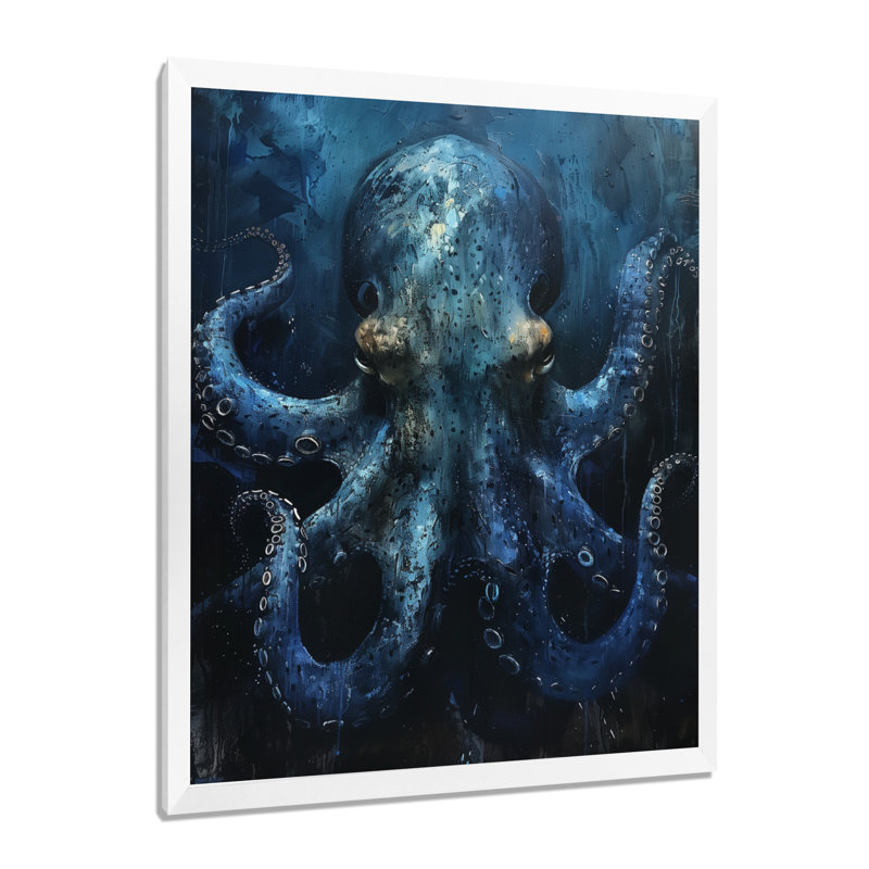 Bleu pieuvre géante créature - créatures marines, art mural salon, Cadre flottant doré, H 16 po x l 32 po