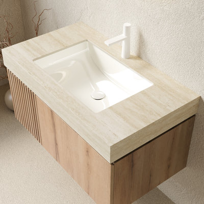 Plateau en pierre, meuble-lavabo de 36 po, armoire de rangement en contreplaqué flottant, lavabo en céramique, pré-assemblé, meuble-lavabo à tiroirs à ouverture lisse avec rangement, clapet intégré à fermeture en douceur, assemblé pour une installation rapide