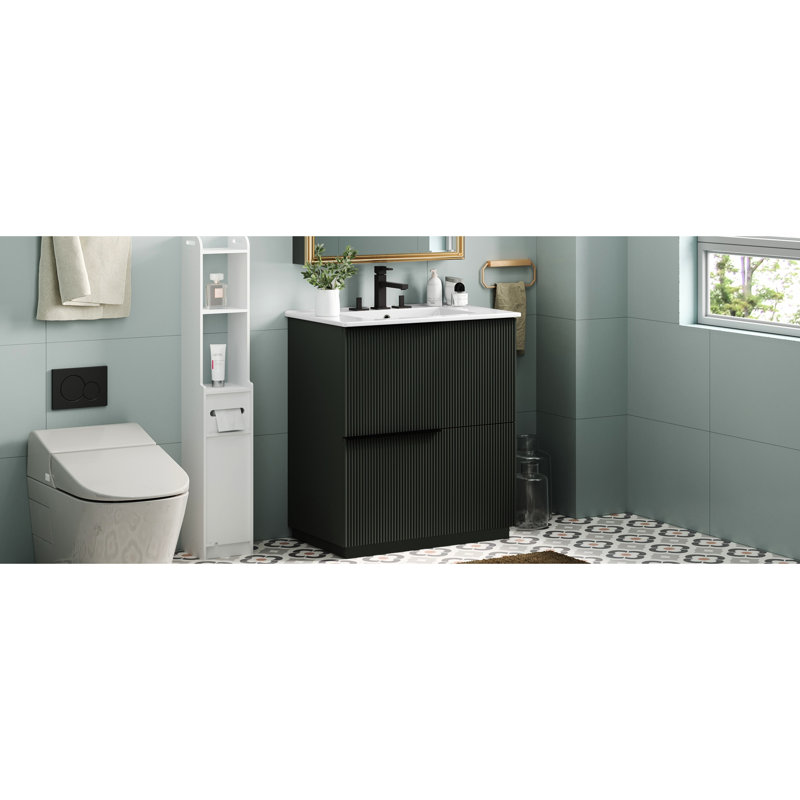 Meuble-lavabo de 30 po en couleur, avec lavabo en céramique, glissières de tiroir à fermeture en douceur et conception cannelée pour une perfection esthétique et une optimisation du rangement des tiroirs pleine extension