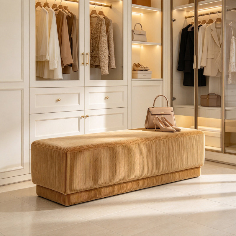 Tabouret à langer rectangulaire léger en tissu léger avec structure en bois massif, H 15,75 po x l 59,06 po x P 15,75 po