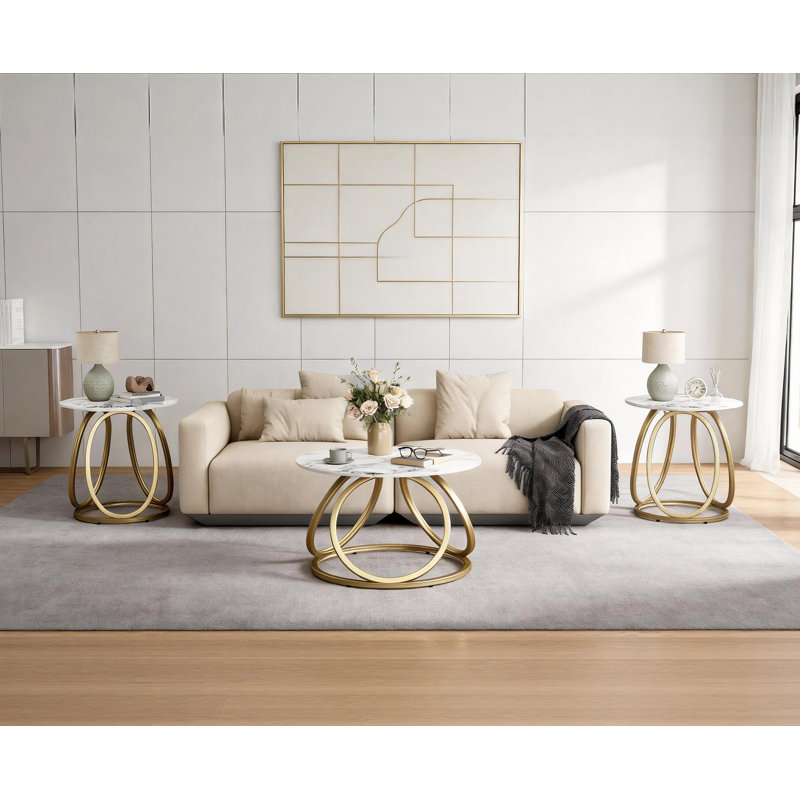 Living Room Table Set, Calacatta Gold/Gold