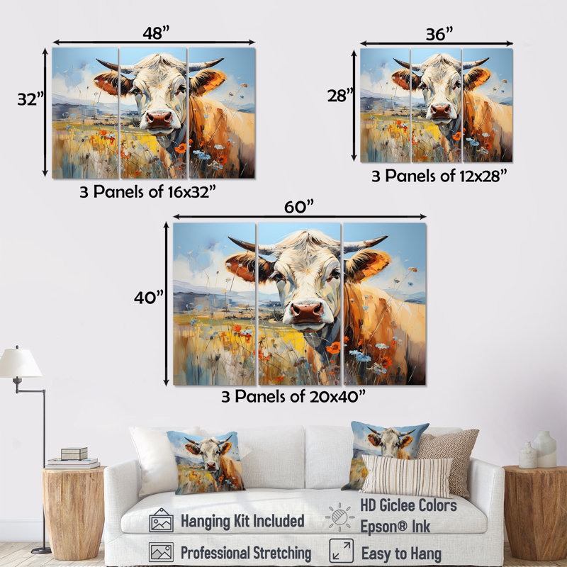 Vache dans un champ pastel I - ensemble de salon art mural animal de vache, H 40 po x l 60 po