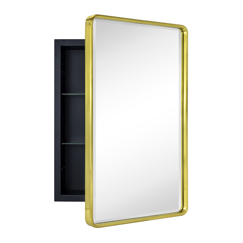 Bryand Farmhouse Surface Mount Metal Bathroom Medicine Cabinets with Mirror, 24" x 16", Brushed Gold