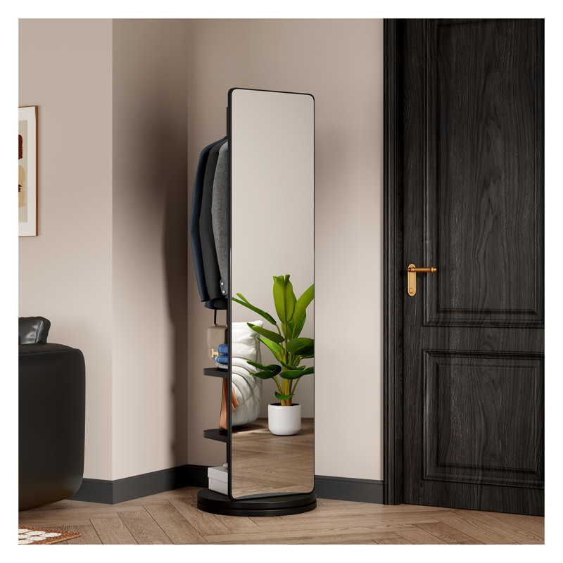 Portemanteau pivotant à 360 ° en bois massif avec miroir pleine grandeur - Portemanteau multifonctionnel avec crochets de rangement pour le salon de la chambre à coucher