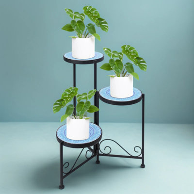 3 Tier Corner Plant Stand For Indoor And Outdoor Use, Folding Metal Shelf With Mosaic Design For Plant Pots, Storage And Home Decor