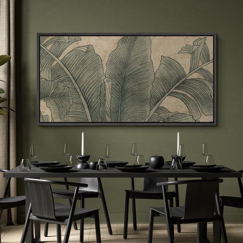 Abstrait, vert, palmier tropical, feuille, nature, rétro, panoramique, art mural, horizontal, H 30 po x l 60 po