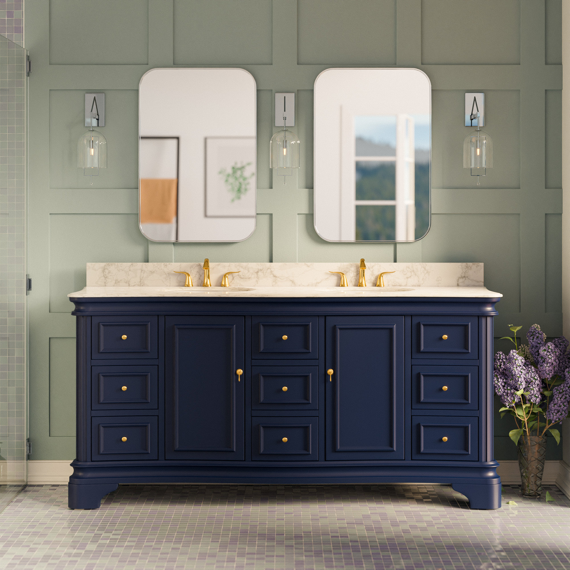Twain 72" Double Bathroom Vanity Set, Royal Blue, Carrara Marble