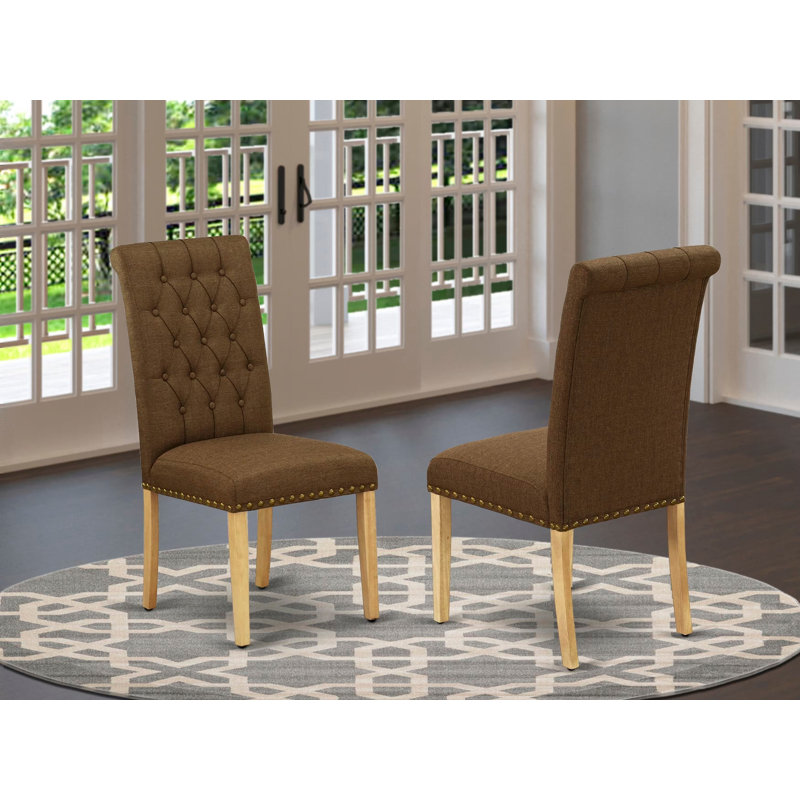 Anglers Parson Kitchen Chairs - Button Tufted Nailhead Trim Brown Linen Linen Fabric Upholstered Dining Chairs, Set of 2, Oak