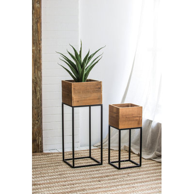 Ensemble de 2 boîtes en bois récupéré avec support en fer noir, L 11 x 11 x 29,5 po: 8,5 x 8,5 x 21,5