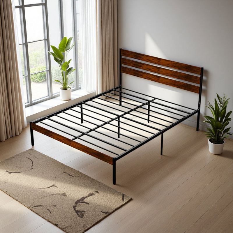 Base de lit plateforme et tête de lit en fer pour grand lit en bois rustique