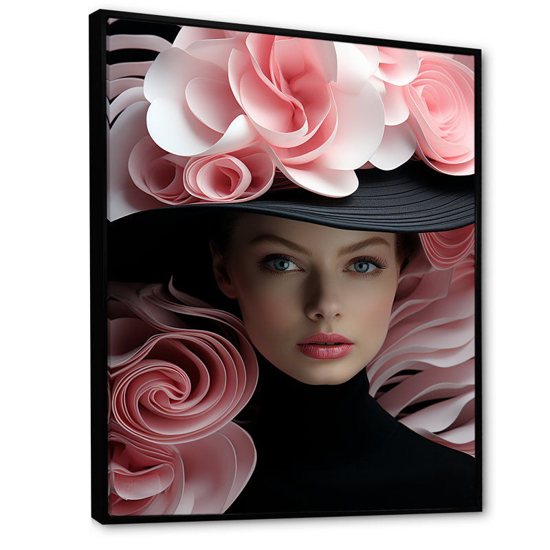 Femme chic avec chapeau floral - imprimé, Cadre flottant noir, H 40 po x l 30 po