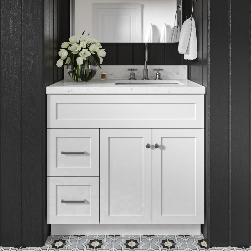 Meuble-lavabo sur pied simple 36 po avec comptoir en quartz Hamlet, Blanc