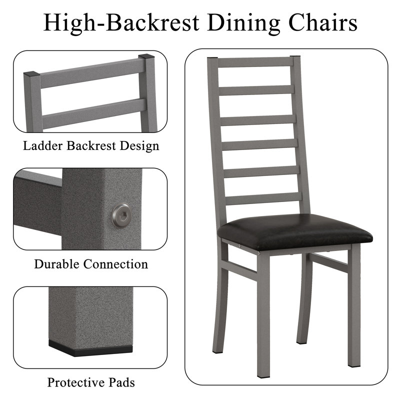 Rectangle Wooden Dining Set with High Backrest Dining Set, Dark Gray, Gray, Black