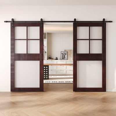 Homacer Double Red Mahogany 40in x 84in 5-Lite Frosted Glass Unassembled & Finished Barn Doors with Non-Bypass Installation Hardware Kit, 14ft track, interior use only