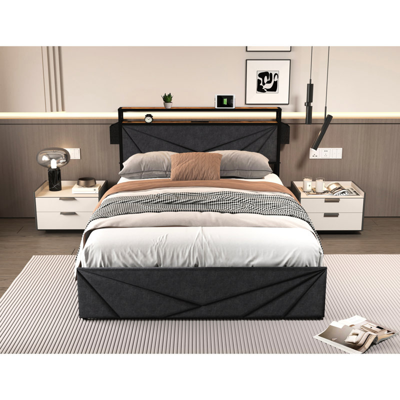 Lit avec rangement et belle DEL - plein, solide, stable, facile à installer, cadre noir + gris et ports de charge pour lit double, assemblage, noir / gris