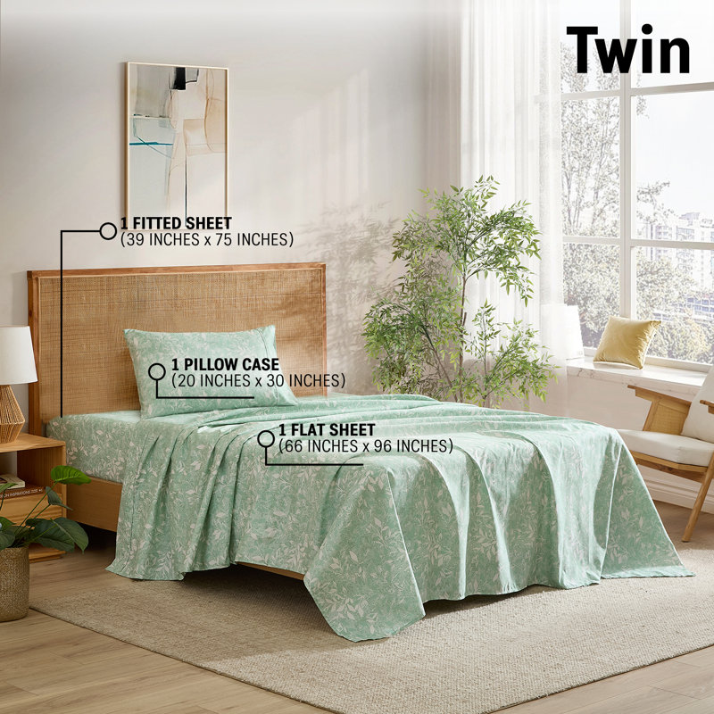 HLC.ME Leaves Printed Floral Bed Sheets - 3 Piece Patterned Bed Sheet Set - Wrinkle Resistant & Soft - Fits Mattresses Up To 15 Inches Deep (Twin, Green)