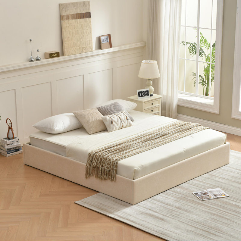 Lit de rangement relevable Braud, Roi, Beige