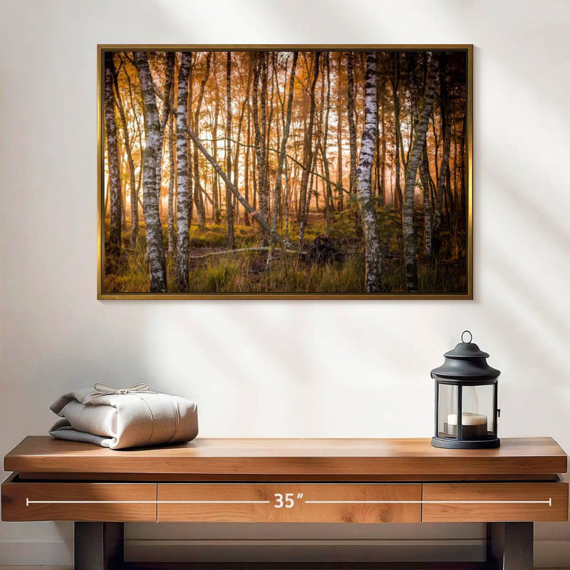 Forêt de bouleaux sombre, 25 po x 17 po, Cadre flottant doré
