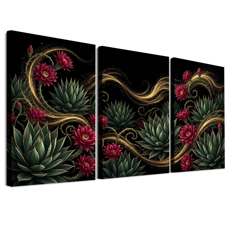 Ensemble de 3 toiles de cactus rouge foncé avec tourbillons dorés, H 18 po x l 12 po x 3 pièces
