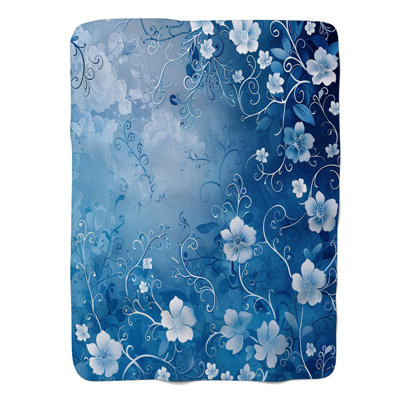 Gradient Blue Florals - 1 Piece Premium Sherpa Blanket