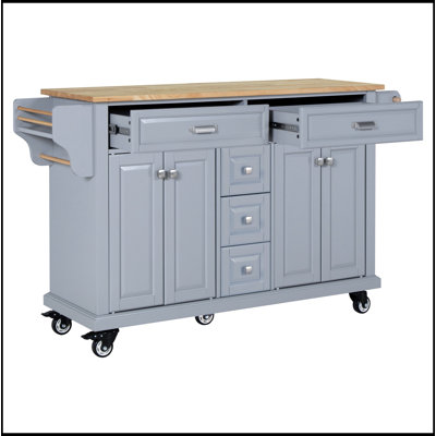 Îlot de cuisine avec comptoir en bois d'hévéa, chariot mobile sur 5 roulettes avec armoire de rangement et 5 tiroirs pour la salle à manger