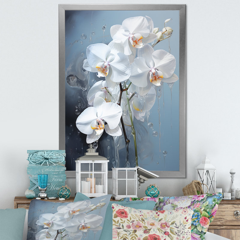 Orchidée bleue et blanche sur fond de tranquillité, Cadre simple argenté, H 20 po x l 12 po x P 1 po