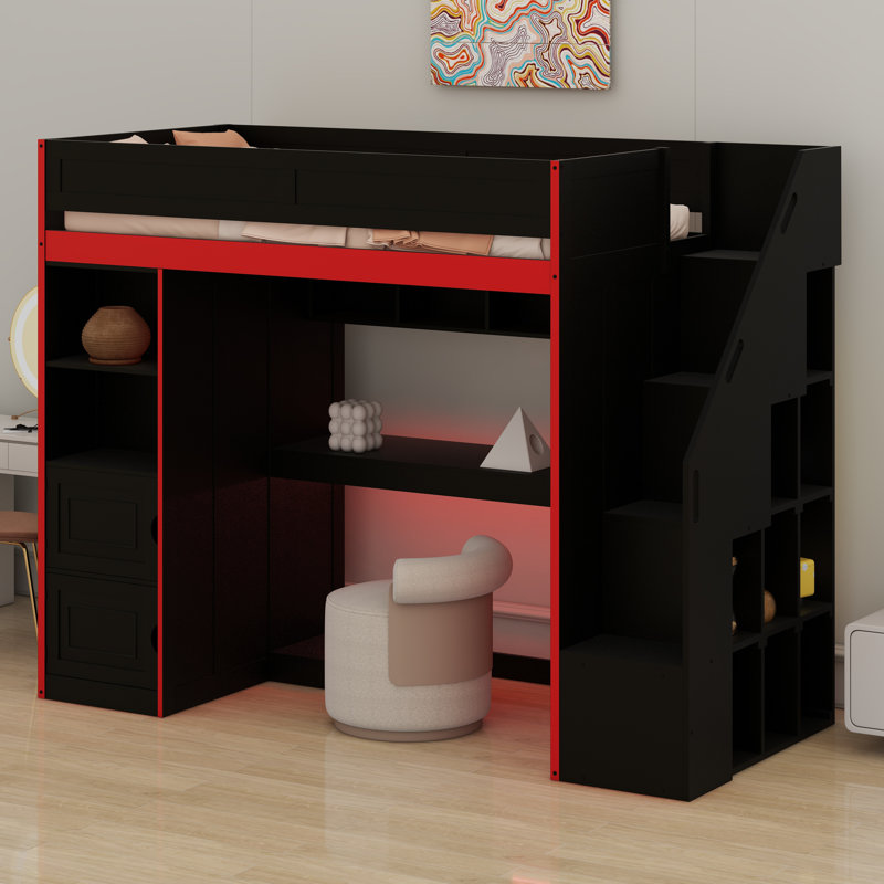 Lit mezzanine de jeu avec bureau et rangement, lumières DEL