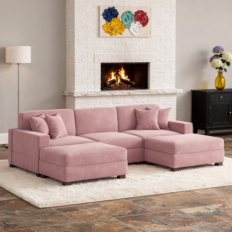 Canapé modulaire en velours côtelé, Velours côtelé rose, H 33 po x l 117 po x P 71 po