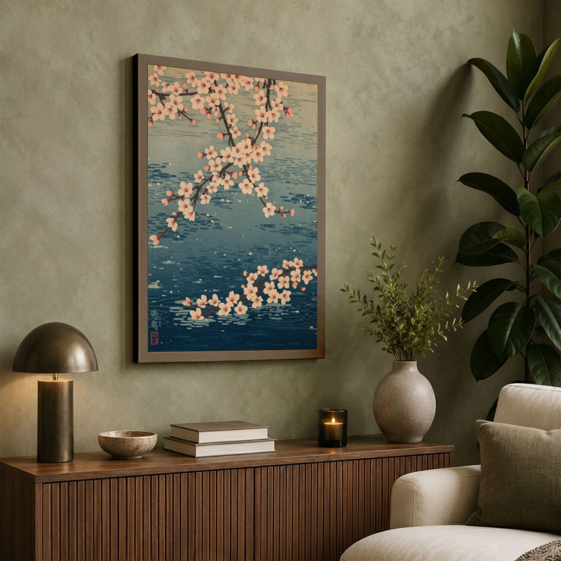 Moonlit Cherry Blossom Japandi - Wrapped Canvas, 30x20 - 76.2 x 50.8 cm, Taupe Border