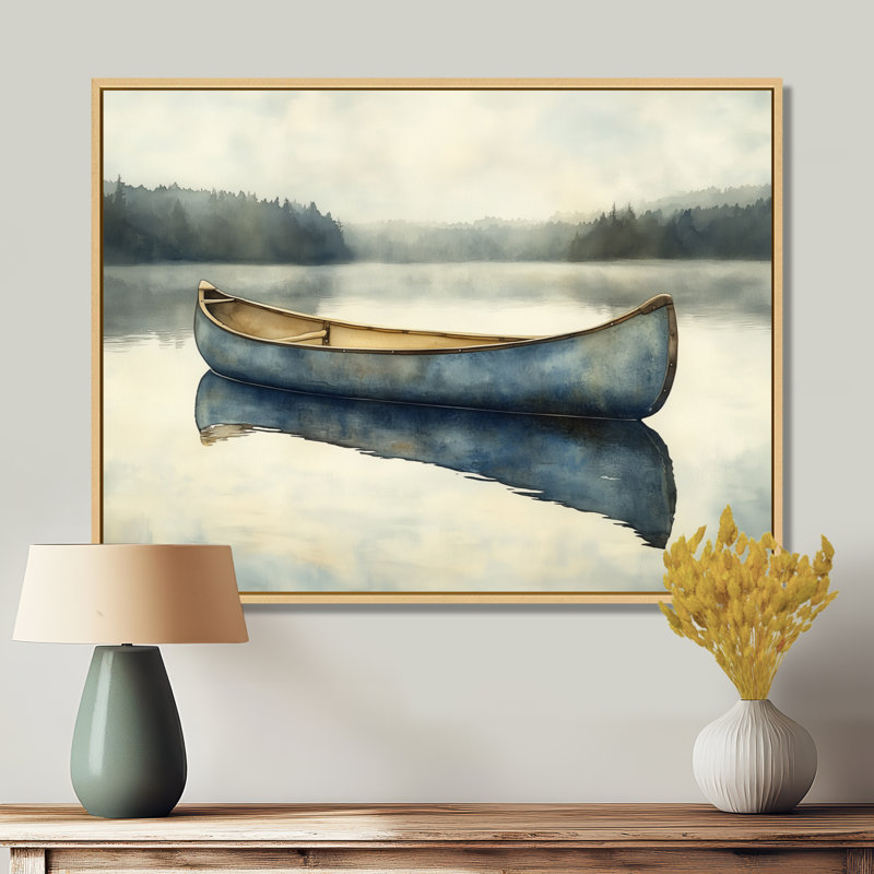 «Soft Canoe Lake II - Blue Lakeside», art mural, H 34 po x l 44 po, Cadre naturel flottant