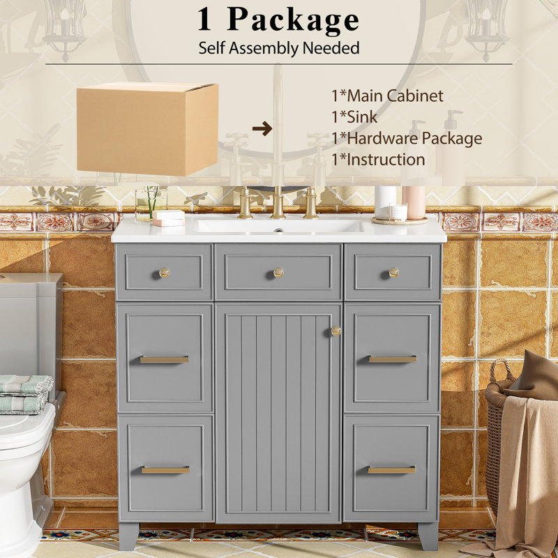 Meuble-lavabo sur pied avec plateau en résine de L 36 po x l 18 po, gris, Or