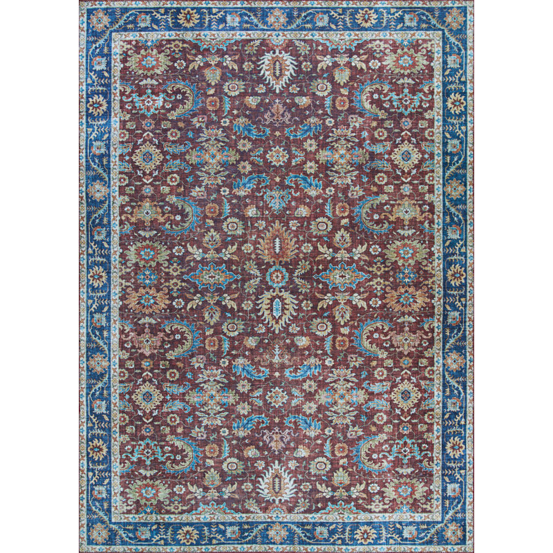 Tapis de cabernet/bleu intérieur tissé à la machine en polyester kerman Hallsville, 9 pi x 12 pi