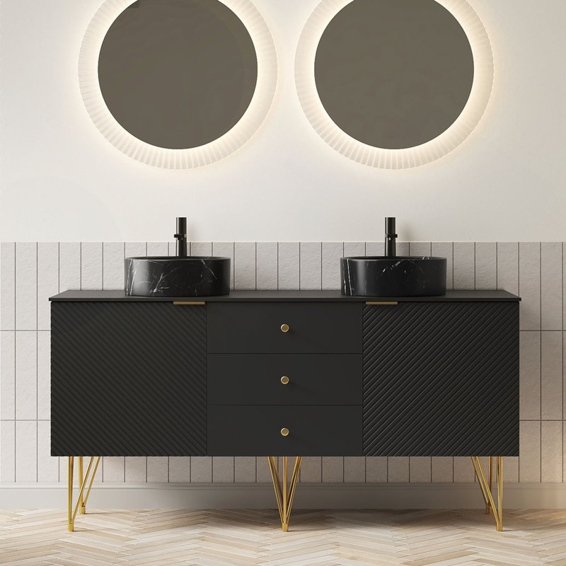 Meuble-lavabo de 60 po avec lavabo autoportant en contreplaqué avec 4 pieds, 3 tiroirs et 2 portes, 2 vasques en céramique à motif de pierres et plateau en pierre frittée, pré-assemblé