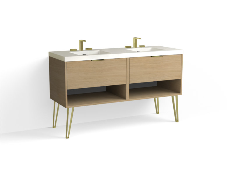 Modo 60" W Freestanding Double Bathroom Vanity with Dawson Leg, Gloss White/8" Widespread, Biondo, Satin Brass