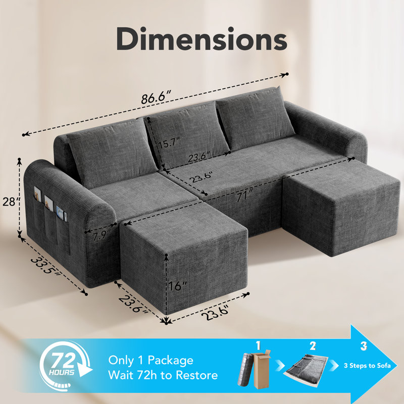 Canapé modulaire 86,6 po avec 2 repose-pieds et 3 coussins, des sièges profonds en forme de L pour le salon, un canapé rembourré en jute moderne, aucun assemblage requis!
