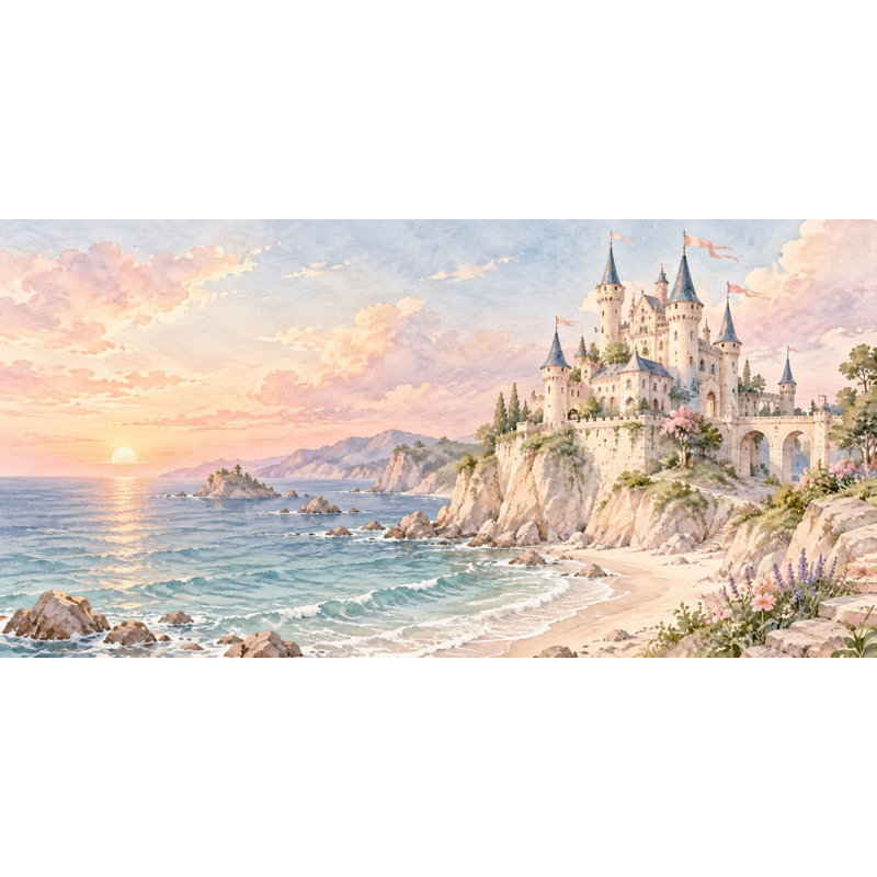 Seaside Castle Wallpaper Mural, Peel and Stick Kids Room Wall Mural, Watercolor Fairy Tale Castle Nursery Wallpaper