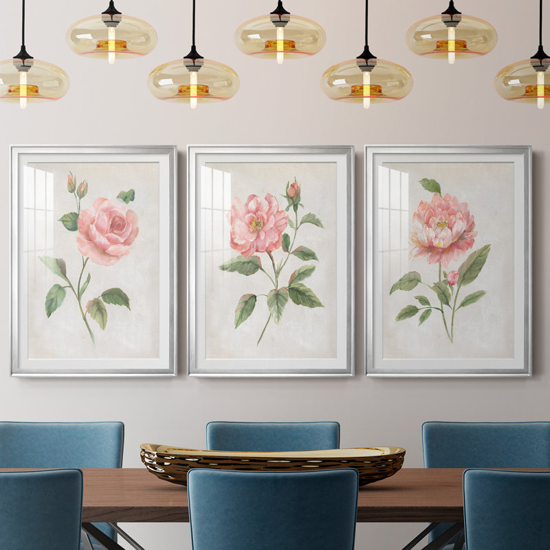 Grandiflora I - Ensemble de 3 reproductions d'art, H 26,5 po x l 109,5 po x P 4,5 po, Toile encadrée argentée