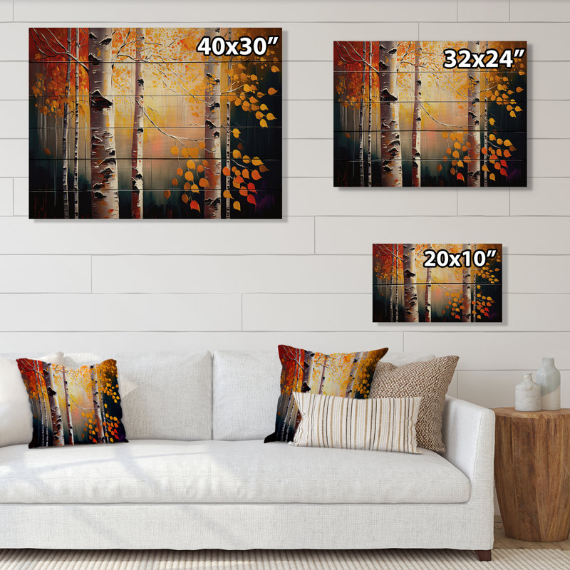 Forêt de bouleaux d'automne Barbato II - impression sans cadre sur bois, H 24 po x l 32 po x P 1 po