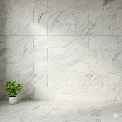 Panneaux en marbre blanc de première qualité, mesurant 12 pouces sur 24 pouces, conçus pour une installation murale. Ils présentent un traitement de surface texturé et un profil cannelé décoratif en 3D. Le matériau est du marbre véritable et natu