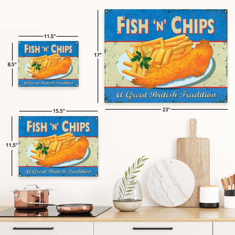 Poisson et frites sur métal, H 11,5 po x l 15,5 po x P 0,04 po