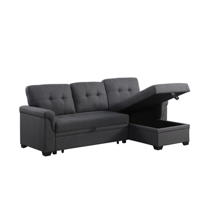 Dark Gray Linen Sleeper Sectional With Storage, Solid Wood Base, 54" Depth And Linen, 18" Seat