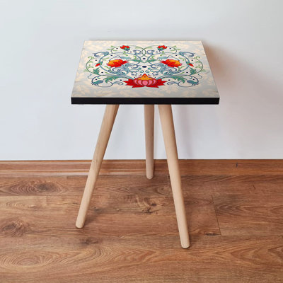 Elegant Side Table with Beech Wood Legs, 13.8 x 16.5 x 13.8 inches | 100% MDF, Thickness: 0.7 inches | Perfect for Oriental Décor, Floral Design | Versatile for Living Room, Bedroom, or Office Use