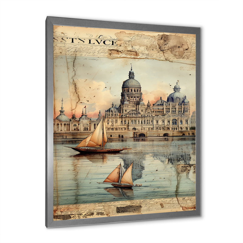 «Venice Distant Memories Journal Collage», reproduction sur toile, Cadre simple argenté, H 40 po x l 30 po x P 1,5 po