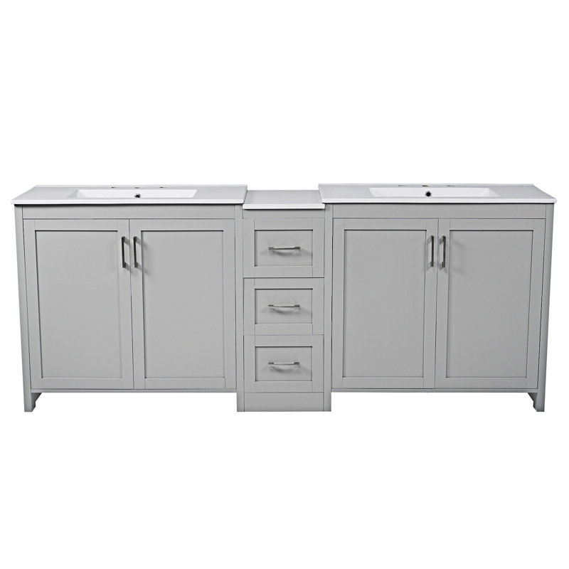 Meuble-lavabo double, lavabos en céramique et comptoir en quartz, Gris