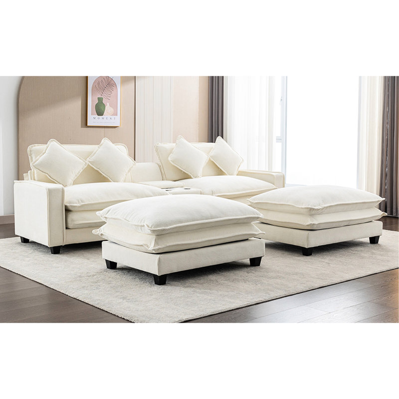 Beige 111" With Two Removable Ottomans, Double Cushion Design, Ports, Cup Holders, Large Storage Box And 4 Pillows, Fabric Sectional Storage, Ottomans Breathable Chenille Material