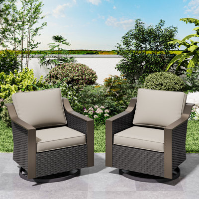 Polyethylene (PE) Wicker Wicker Outdoor Handrails Shaped Steel 2-Armrest Sviwel Rocker Chairs with Beige Cushion