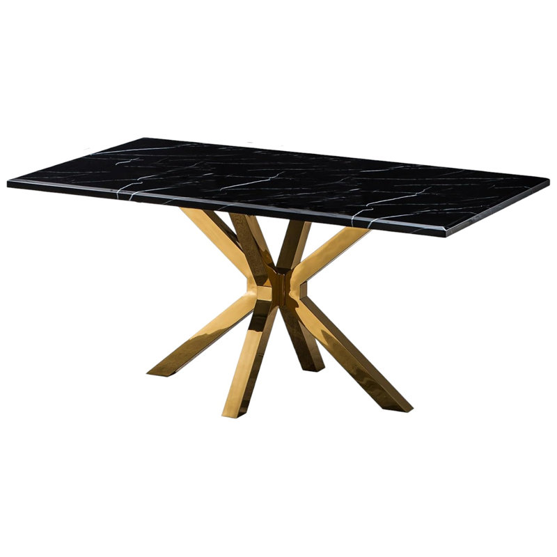 Table de salle à manger 79 "en marbre noir et doré avec pieds en croix