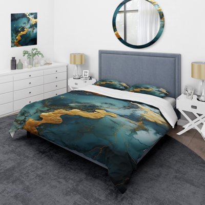 Ensemble de housse de couette en marbre abstrait doré et vert V