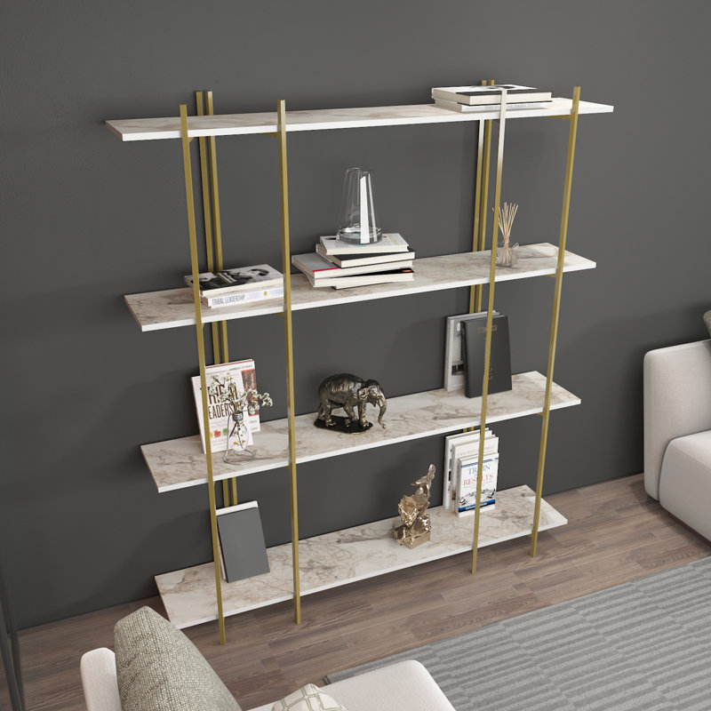 Assia 180cm H x160cm W Standard Bookcase, Gold, White