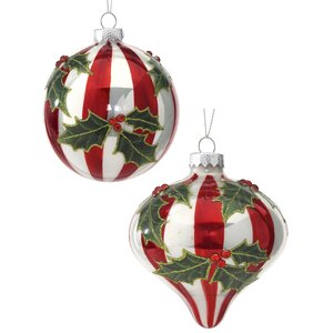 6 Piece Striped Holly Ball/Onion Ornament Set of 5 